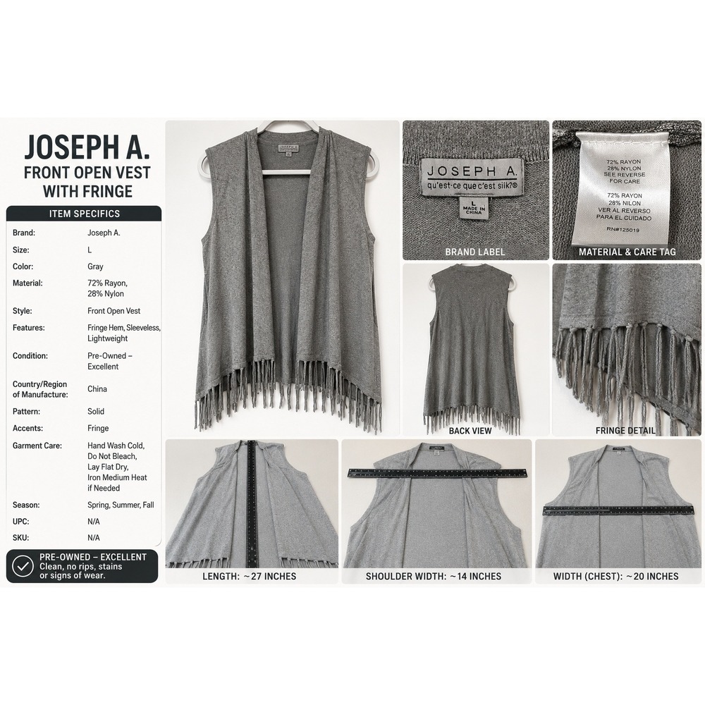 Joseph A Womens‎ Gray Open Front Fringe Hem Knit Cardigan Vest Large JA105749ANR